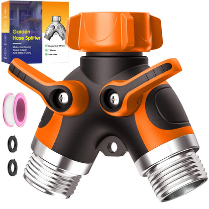 2 Way Garden Hose Splitter with Shut Off Valve,Water Spigot Splitter for 3/4" Hose Connector,Heavy Duty Metal Outdoor Faucet Splitter Y Connector for Hose,with 3 Leakproof Washers & 1 tape(2, Orange)