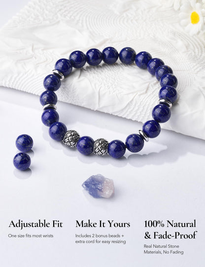 King Will Natural Lapis Lazuli Bead Bracelet for Men, 10mm Royal Blue Gemstone Spiritual Healing Bracelet with Braided Metal Accents, Inner Peace Jewelry