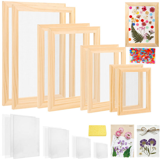Aboofx Paper Making Kit, A4 A5 A6 A7 Size Paper Making Screen Frame Kit, Wooden Mold and Deckle with Mesh, Absorbent Papers, Sponge and Confetti,DIY Handmade Papermaking Supplies Gift for Craft Lover