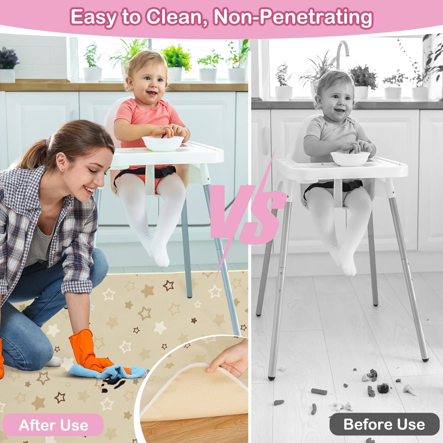 Basumee Splat Mat High Chair Mat Waterproof Baby Play Splat Mat for Under High Chair Food Catcher Highchair Mat for Floor Non Slip Bottom, Brown Stars, 46x42 Inches