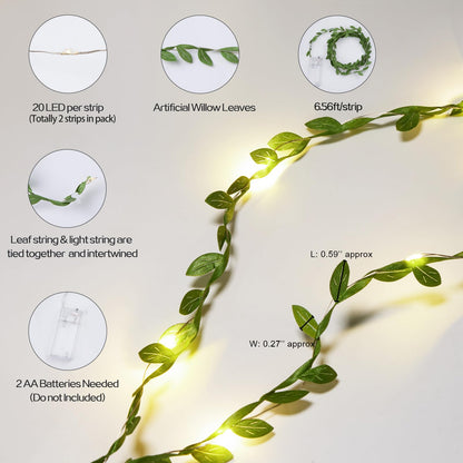 Maffily 2pcs 6.5Ft Green Leaves String Lights 20 LED Fairy Lights Battery Operated Artificial Ivy Leaf Garland with Light for Indoor Home Wall Birthday Wedding Decor