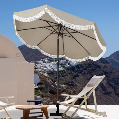 Tempera 9ft Auto Tilt Scalloped Patio Umbrellas with Fringe, Outdoor Table Umbrellas with Fade Resistant Canopy, 8 Sturdy Rids, Luxurious Vintage Umbrellas for Lawn, Pool, Deck, Balcony