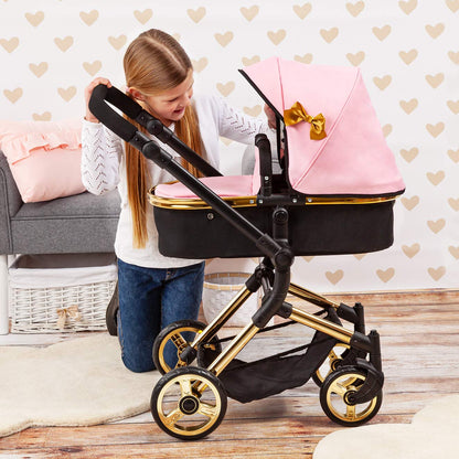 Bayer Pram Neo Vario Convertible Doll Stroller, Pink Black Gold, Foldable Toy with Shoulder Bag, Ages 3+