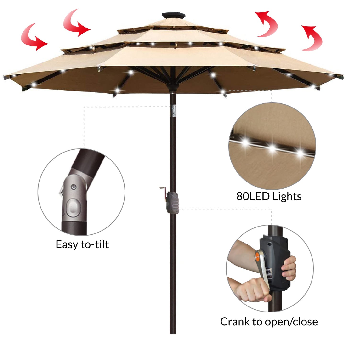 EliteShade USA 10-Year-Non-Fading 9ft 3-Tier Market Patio Umbrella, Commercial Table Umbrella with 80 Solar LED Lights, Crank Open, Windproof & UPF 50+ UV Protection for Garden, Deck, Pool, Backyard, Heather Beige