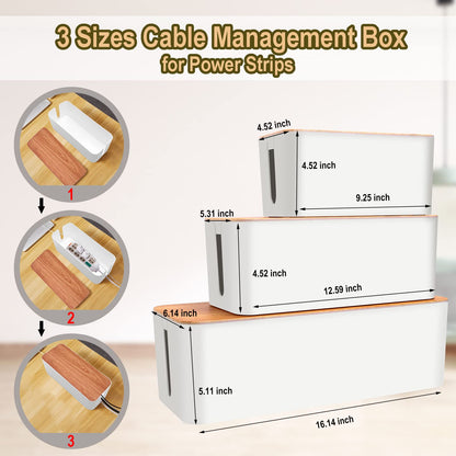 YUANYE Cable Management Box Cable Management Kit for Power Strip to Hide Wires,Cord Organizer Boxes,Safe ABS Material Wire Organizer of Cable Clips Sleeve for Home & Office,3Pack-128PCS/White