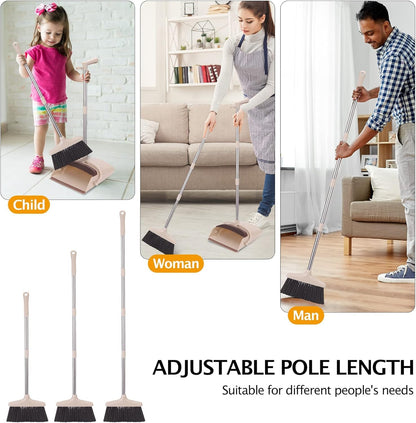 XXFLOWER Broom and Dustpan Set with Long Handle, Light Weight Stainless Steel Poles Stand Upright Dustpans with Broom Combo for Home Kitchen Office Pet Dog Hair, Brown & Beige Color, 1-Pack