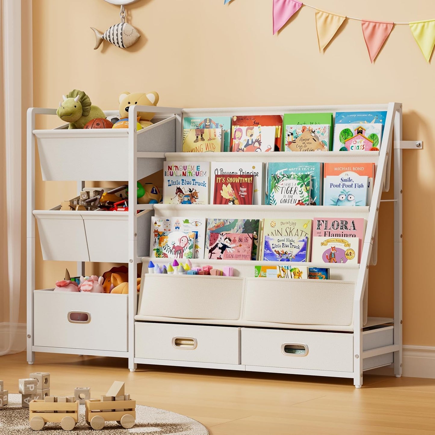 HAVLOTII Kids Bookshelf and Toy Storage - Book Shelf for Kids Rooms, Toddler Bookshelves Baby Bookcase for Nursery, Montessori Toy Organizer, 6 Toy Bins for Kids Toy Storage