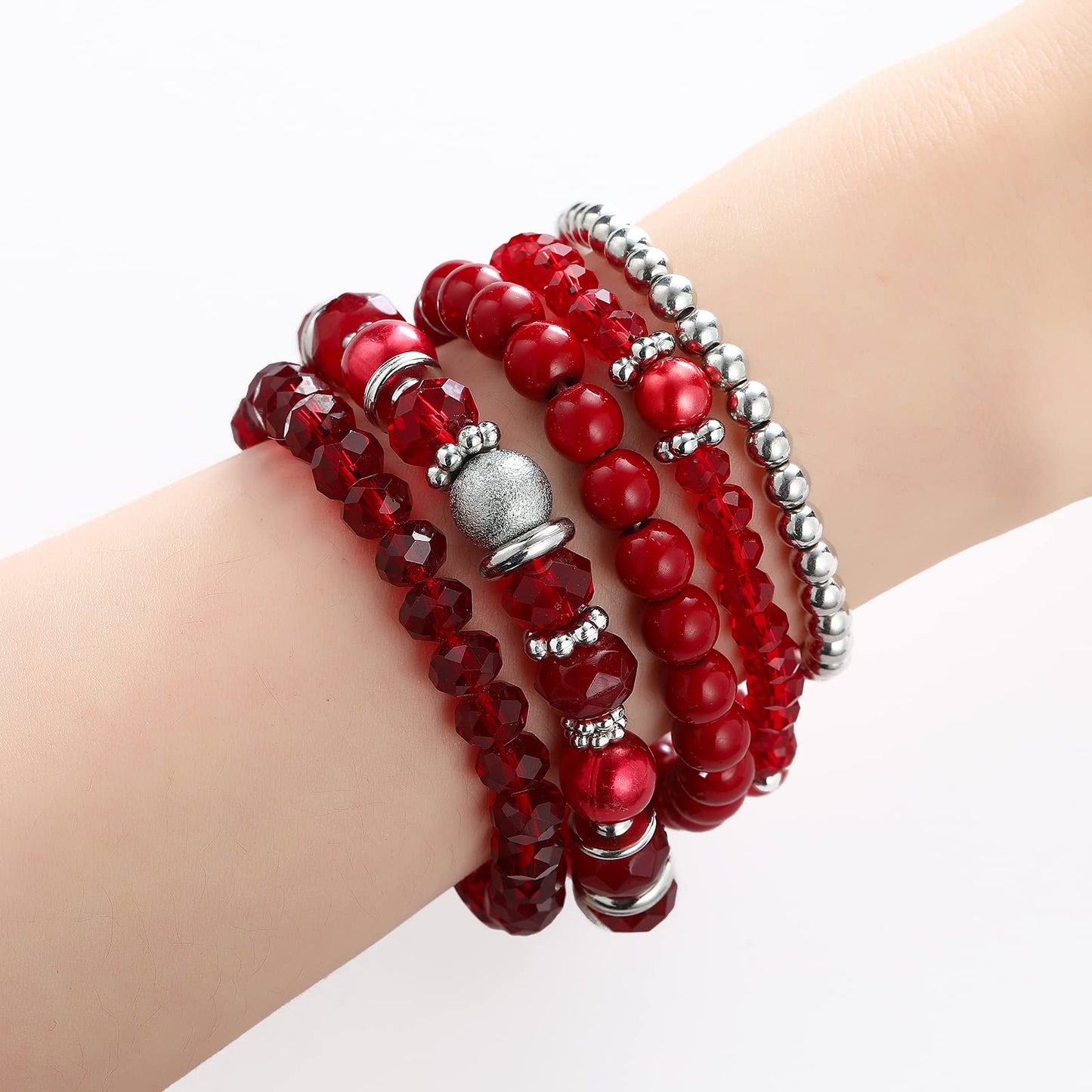 Noessla Beaded Pearl Stretch Bracelet Silver Stackable Crystal Beads Bracelets Trendy Costume Jewelry Mothers Day Gifts for Women(Red)