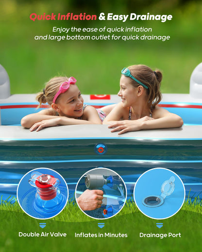 QPAU Inflatable Swimming Pool, Full-Sized Blow Up Pool with Seats and Backrests, Kiddie Pool for Outdoor & Backyard, for Family Summer Time Fun, Clear Blue