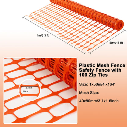 Temporary Fencing, Plastic Mesh 3.3'x164' Roll with 100pcs Ties, Reusable Garden Fencing for Dog, Deer Fences, Construction, Animal Barrier, Poultry, Snow Fence, Orange