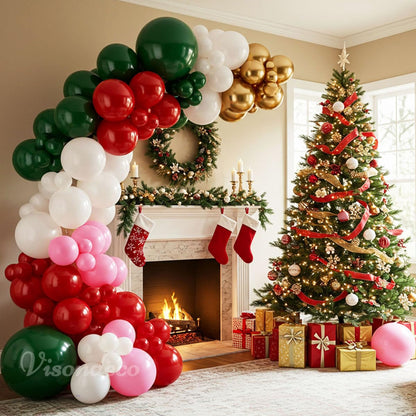 Christmas Balloon Arch Kit – 143pcs Double Stuffed Green, Red, Green, White, Pink & Gold Balloons Garland, Xmas Balloon Arch Decorations for Holiday Party, Merry Christmas Balloons Decor Supplies