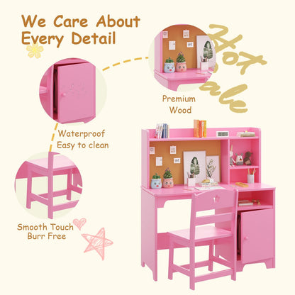 GAOMON Kids Desk & Chair Set with Hutch, Wooden Writing Table with Storage Cabinet for Kids Bedroom, Study Room, Computer Workstation, Pink