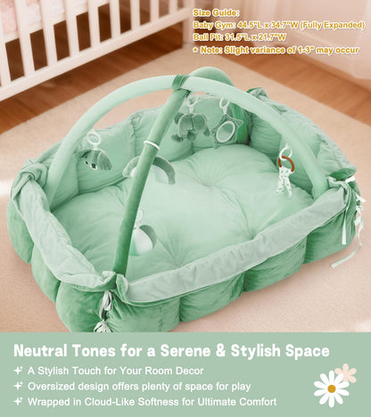 5-in-1 Baby Play Gym and Tummy Time Mat, 12 Learning Cards, Plush Activity Mat with 6 Toys, Baby Gym, Convertible to Ball Pit, Baby Gift, Sage Green