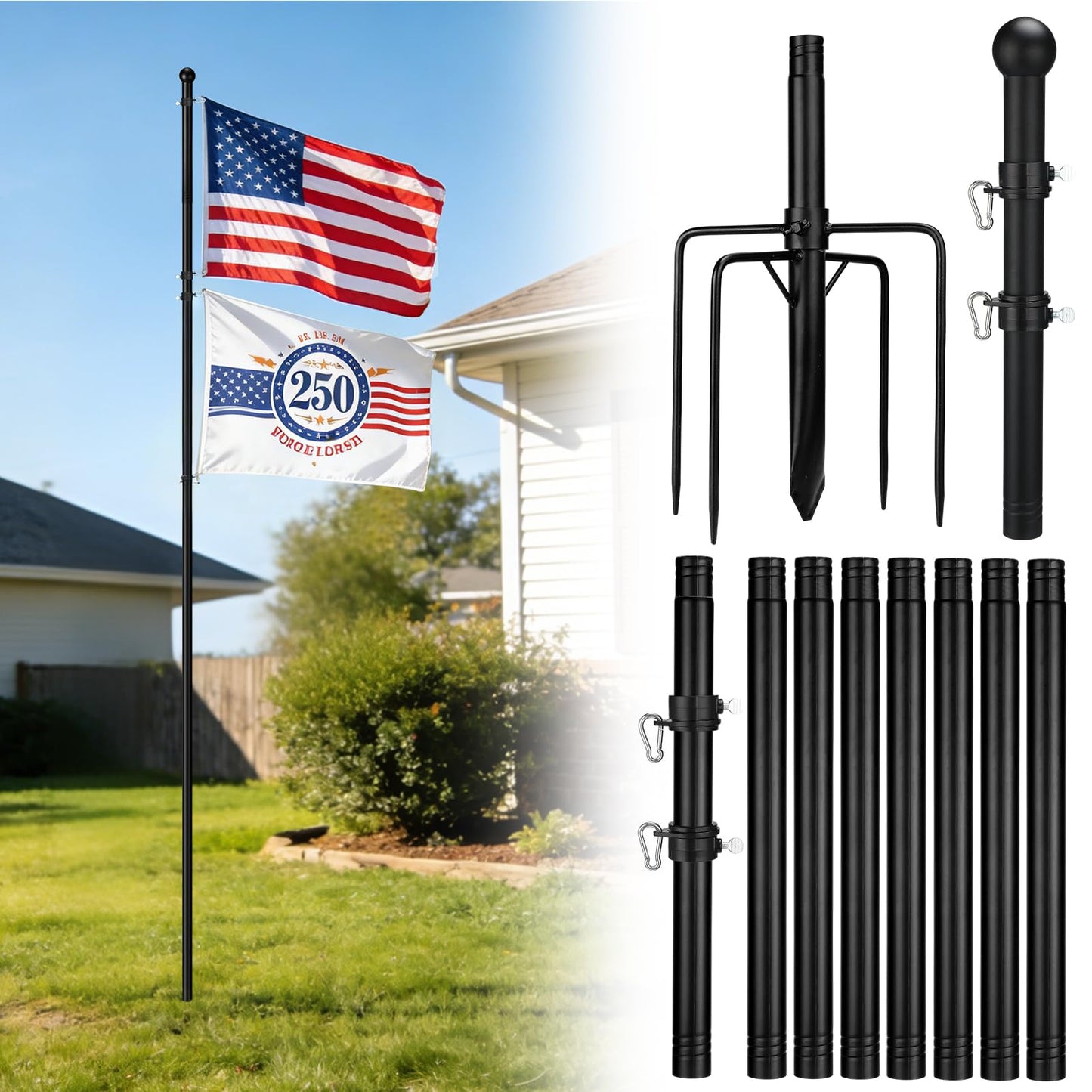 12.5ft In Ground Flag Pole for Outside House - Fit for 2 Flags Extra Thick Flag Pole Kit with 5 Prongs Base, Windproof Ground Flagpoles for Residential Small Medium Lawn Temporary Event
