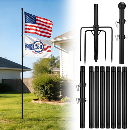 12.5ft In Ground Flag Pole for Outside House - Fit for 2 Flags Extra Thick Flag Pole Kit with 5 Prongs Base, Windproof Ground Flagpoles for Residential Small Medium Lawn Temporary Event