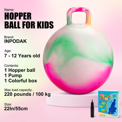 INPODAK Hopper Ball 22 Inch Bouncy Ball with Handle for Kids, Hippity Hop Jumping Bounce Hopping Toy for Boys Girls Ages 7-12 with Pump and Gift Box Great Gift for Birthday Holiday (Pink)