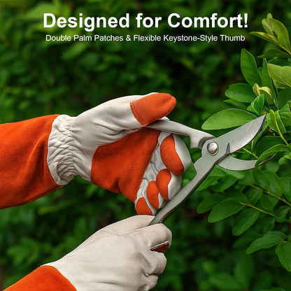 Gastody Long Sleeve Leather Gardening Gloves for Women & Men – Thornproof & Puncture Resistant Cowhide Work Gloves – Heavy Duty Yard Work, Pruning, Landscaping, Welding, Construction L