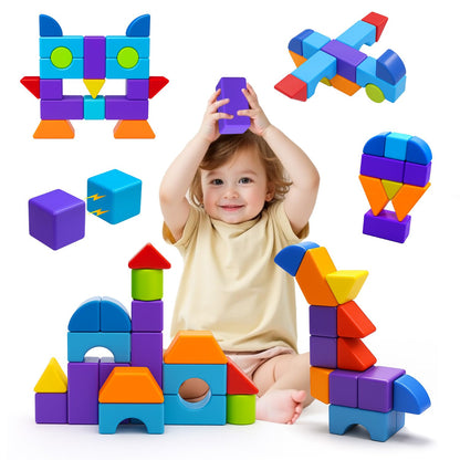 Pairez Toys Magnetic Blocks, Large 1.65 inch Magnetic Cubes for Kids, 3D Multi-Shape Building Blocks, Preschool Educational Building Kit, Montessori Sensory Toys for Toddlers 3-5 (19pcs)