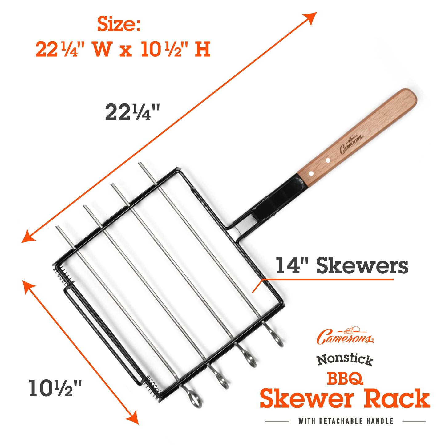 Camerons BBQ Skewer Rack Set - Includes Detachable Handle & 4 Non-Stick Stainless Steel Skewers for Grilling Barbecue Shish Kabobs, Meat, Vegetables & More - Grilling & Cookout Essential