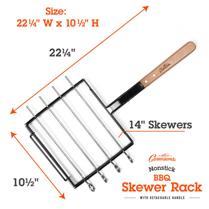 Camerons BBQ Skewer Rack Set - Includes Detachable Handle & 4 Non-Stick Stainless Steel Skewers for Grilling Barbecue Shish Kabobs, Meat, Vegetables & More - Grilling & Cookout Essential