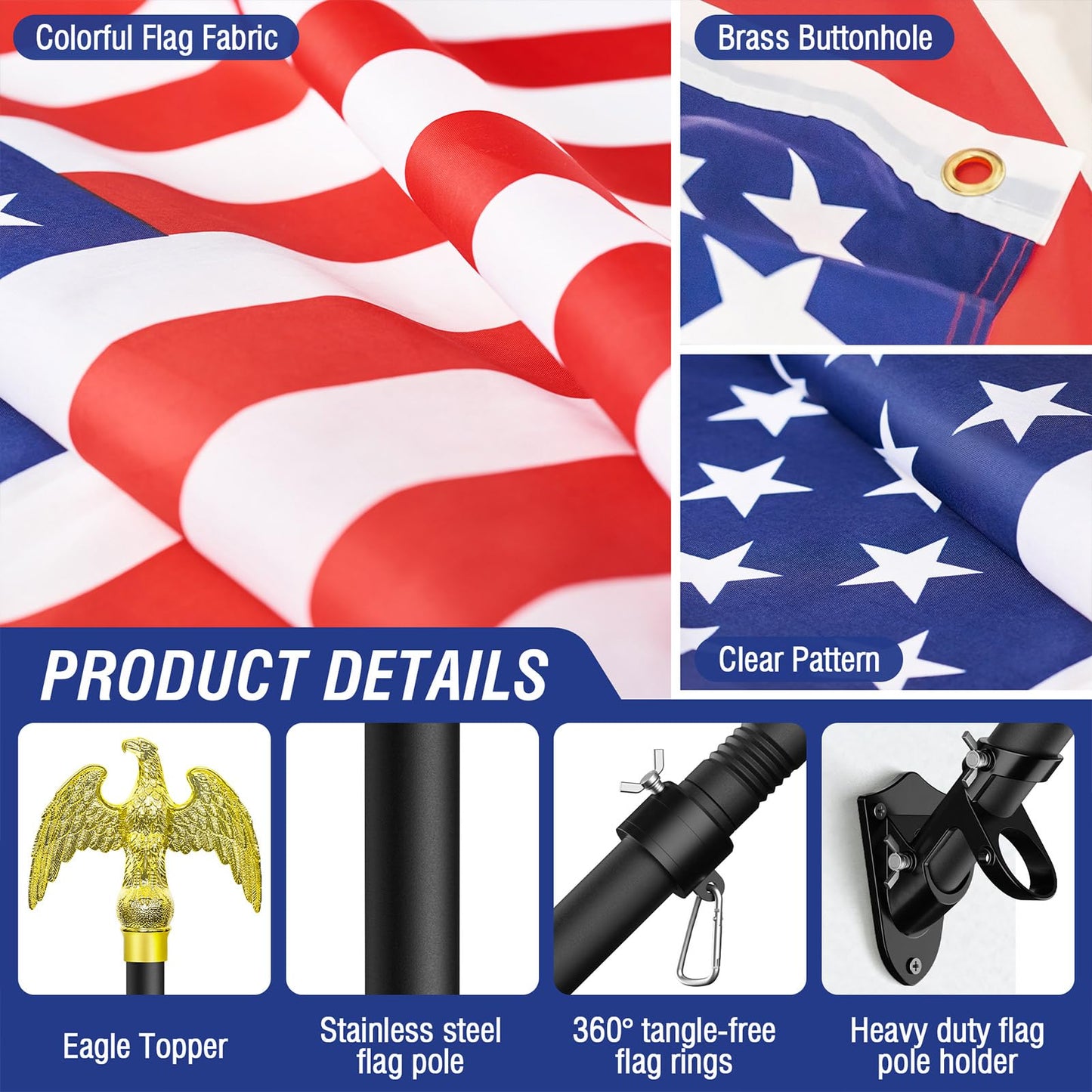 Flag Pole for Outside House, Outdoor Black Heavy Duty Porch 6 FT Flag Pole Kit, for Residential or Commerical, Tangle Free Flagpole (Include American 3 X 5 Flag, Wall Mount Holder, Eagle Shaped Head)