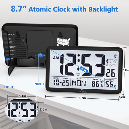 WallarGe Atomic Wall Clock with Backlight, Digital Wall Clock Battery Operated for Classroom, Bedroom, Office, Large Display with Indoor Temperature, Humidity, Date, AUTO DST, 6 Time Zones