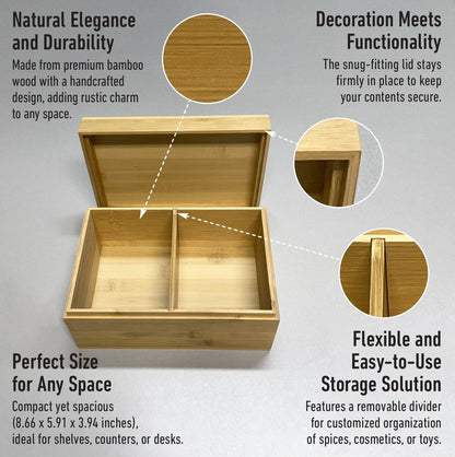 ChicDecor Bamboo Wooden Storage Box with Lid – Natural Wood Organizer with Removable Divider, 8.66 x 5.91 x 3.94 Inches – Decorative Jewelry, Kitchen, Bathroom & Home Organizer