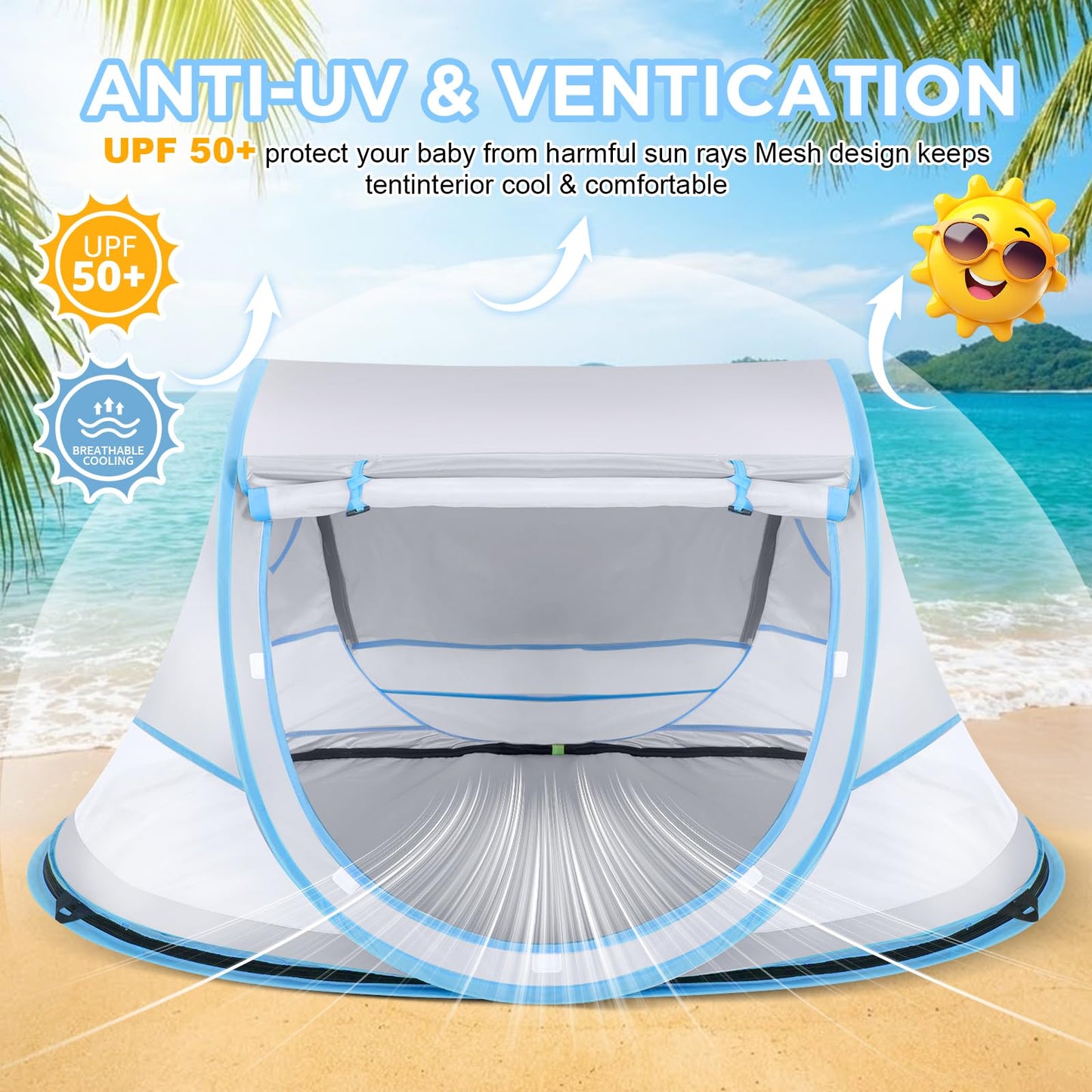 Baby Beach Tent, Pop Up Beach Tent Sun Shade for Beach, UPF 50+ UV Protection Sun Shelters for Infants with Carry Bag for Outdoor Travel, Camping(Gray)