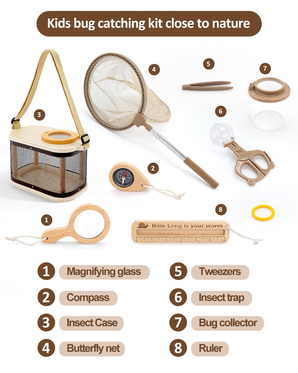 Wooden Bug Catcher Kit for Kids, Outdoor Explorer Nature Discovery Set with Butterfly Net, Bug Habitat & Magnifying Glass, Backyard Camping Outdoor Toys, Ages 3–12, Also Suitable for Toddlers