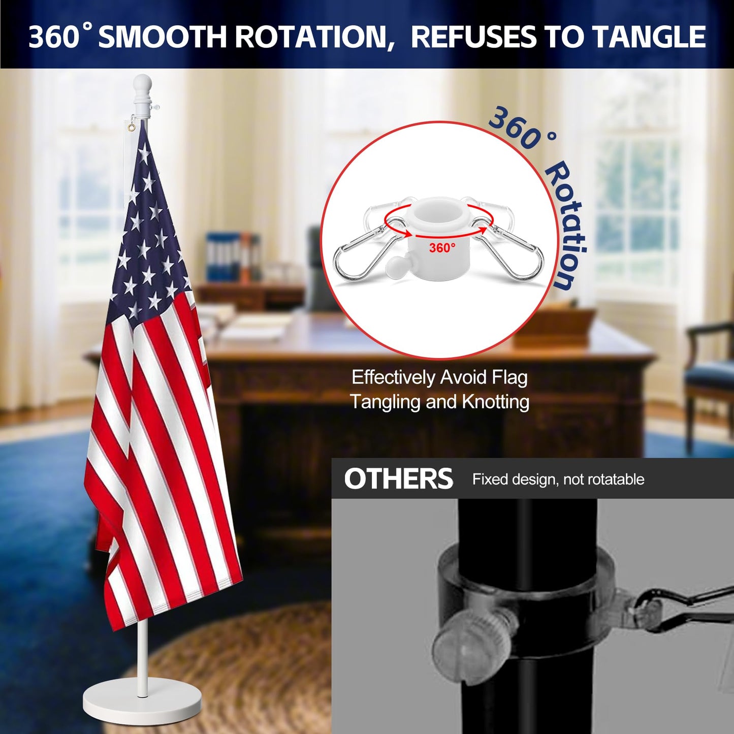 Flag Stand Indoor - 1" Heavy Duty Metal Flag Pole Set with Base,6-8ft Adjustable,Portable & Free Standing For Office,Meeting Room,Classroom,Entry Area,Outdoor Porch Deck (White)