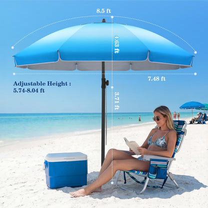 UIRWAY 8.5FT Beach Umbrella, Heavy Duty Windproof Beach Umbrellas with Sand Anchor & Tilt, Sun Protection Portable Beach Umbrella with Carrying Bag for Beach, Patio Garden Pool Outdoor