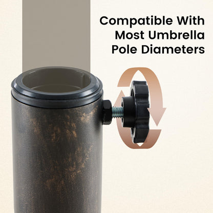 DUMOS 22LBS Heavy-Duty Outdoor Umbrella Base, Weather-Resistant Resin Patio Umbrella Stand, Rust-Proof Coated Umbrella Holder for Garden/Pool/Backyard, 2 Securing Knobs, 2 Pole Adapters, Bronze