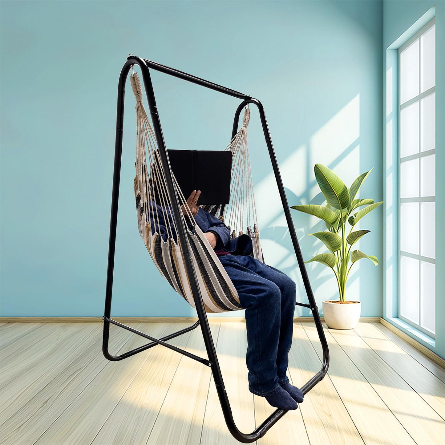 Hammock Chair with Stand,Hammock Chair Stand with Hanging Swing Chair Included,Weather Resistant Hammock Stand Max 450 Lbs,Saving Space Swing Stand for Indoor Outdoor Patio Yard Patented(Coffee)