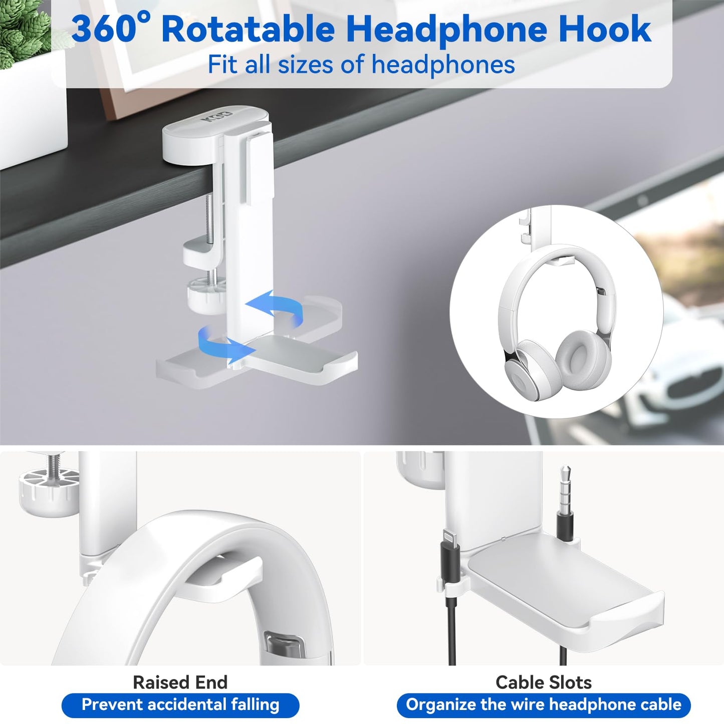 KDD 4-in-1 Desk Organizer - Under Desk Cup Holder and Headphone Hanger with 2 Wire Holes - Rotating Hanger and Detachable Storage for Cup, Phone and Pen (White)