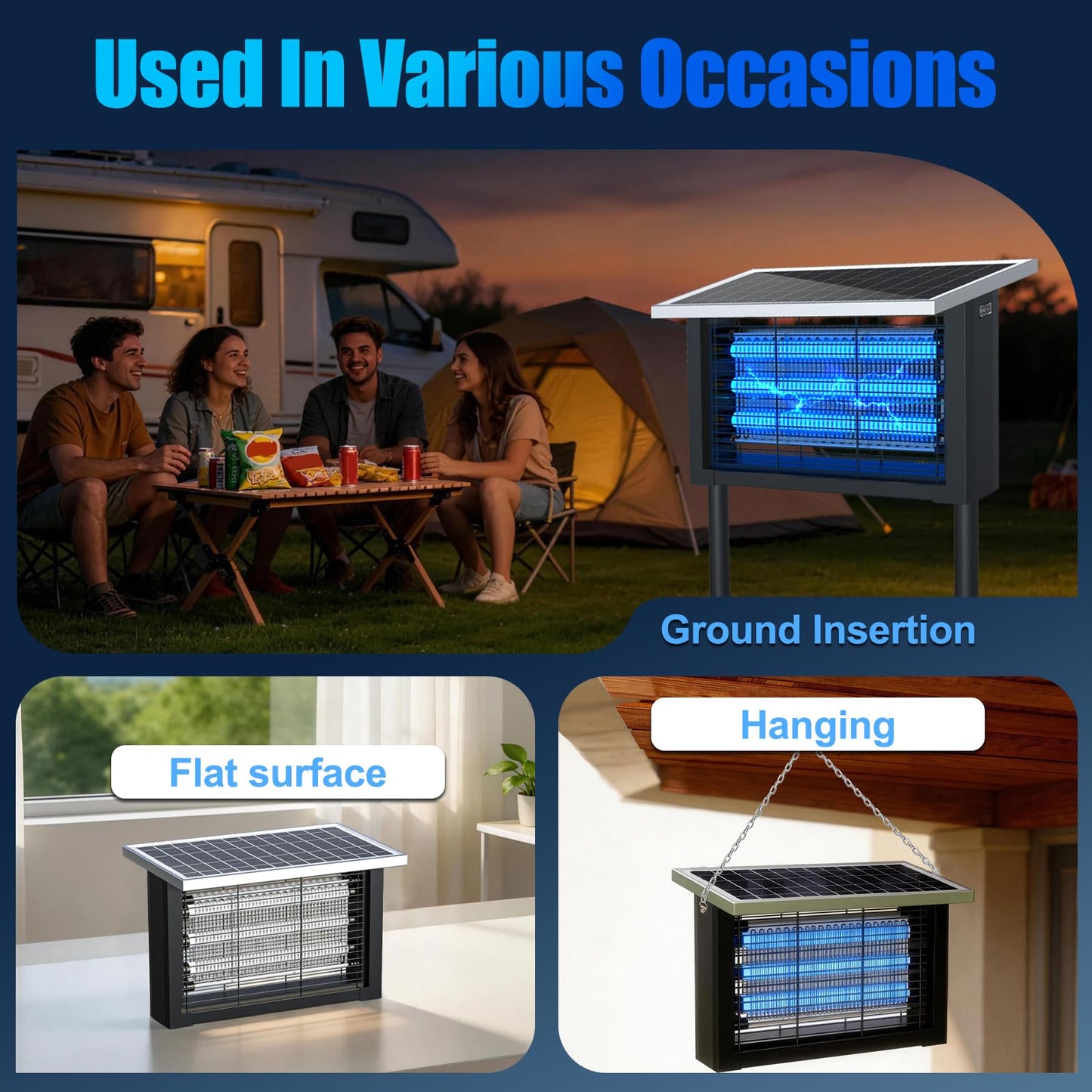 Solar Bug Zapper Outdoor, Upgrade 3-Tube 4500V Electric Mosquito Zapper, IPX6 Waterproof, Auto On/Off Rechargeable Electric Fly Insect Trap for Patio Yard Garden Camping RV