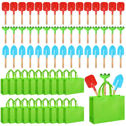 Liliful 40 Pcs Kids Gardening Tools Set Garden Rake Garden Shovel Gardener Trowel Green Tote Bags Metal Mini Gardening Tools with Wooden Handle Beach Sandbox Toy for Planting Loosening Digging