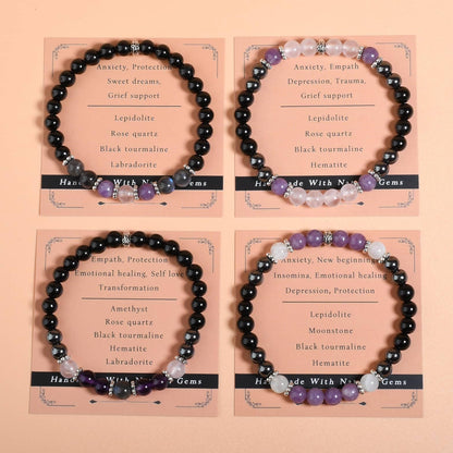 Gracayfr Anxiety Relief Bracelet Protection Black Tourmaline Labradorite Lepidolite Rose Quartz Healing Crystal Grief Support Gifts Items Jewelry Women Lepi Ros Labra