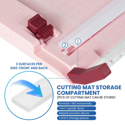 Pink Rotary Paper Trimmer, 12 Inch Guillotine Paper Cutter for Cardstock, Scrapbooking, Crafts, 4 Functions with 5 Blades, Safety Guard, Side Ruler for Coupons, Photos, Labels
