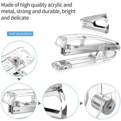 Office Supplies Set Desk Accessory Kit, Acrylic Stapler Set Staple Remover, Tape Dispenser, Binder Clips, Paper Clips, Ballpoint Pen and Scissor with 1000 Pieces 26/6 Staples (Silver)