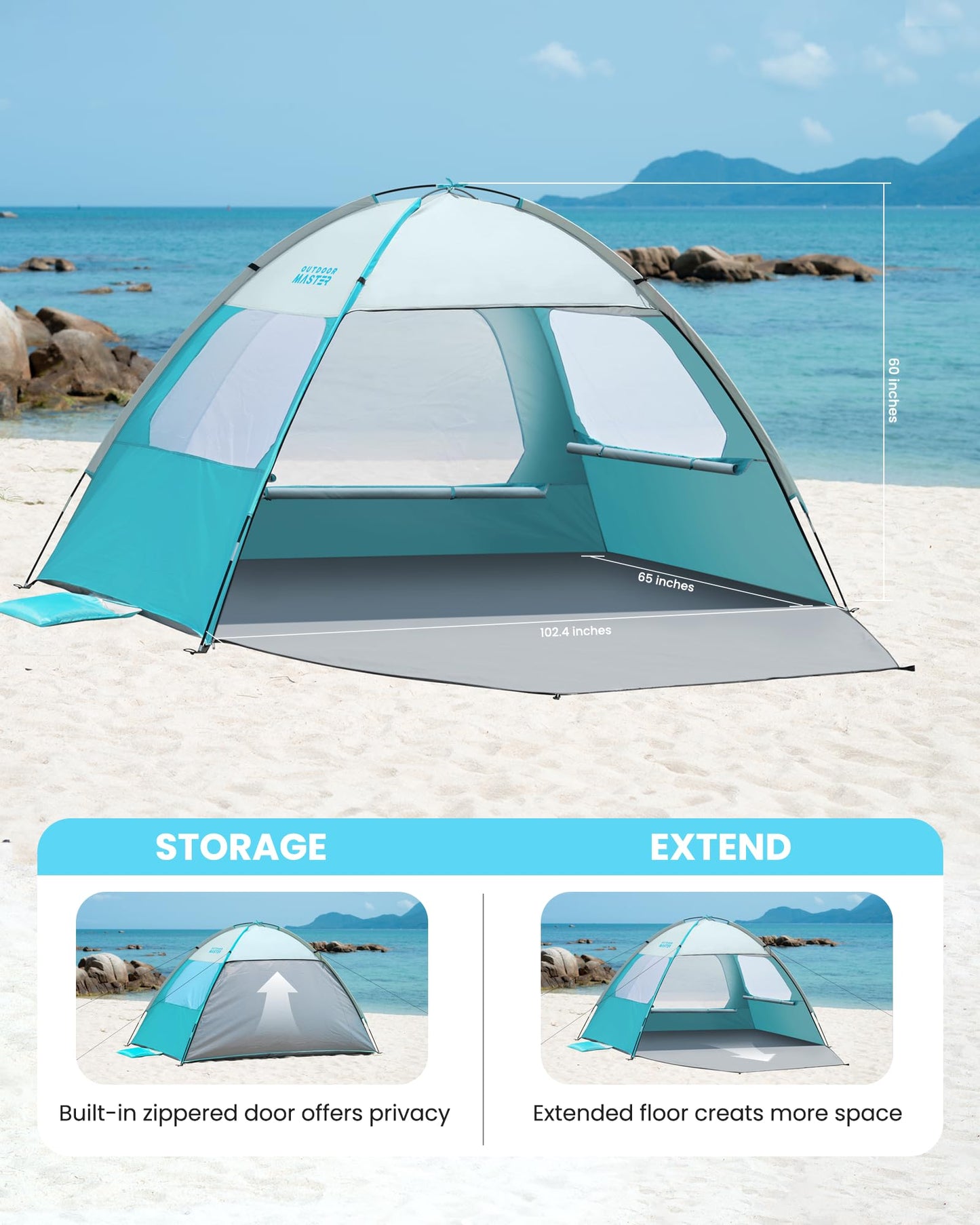 OutdoorMaster Beach Tent for 3/4 Person - Easy Setup Sun Shade Shelter, Portable Beach Shade Sun Canopy with UPF 50+ UV Protection, Removable Skylight Family Size - 4 Person Olive Green