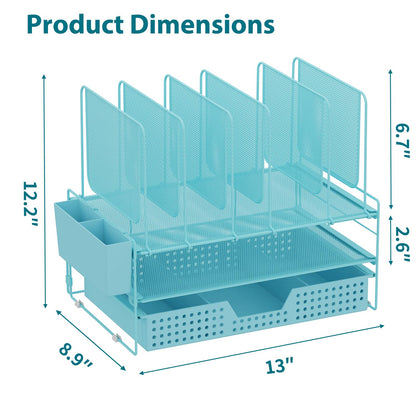LEKETREE Teal Desk Organizer, Office Organization with Vertical File Holder, File Organizer with Drawer and Pen Holder, Desk Accessories and Workspace Organizers for Home Office (Sky Blue)