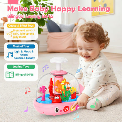 DUPHLAGT Baby Girl Toys 6-12 Months - Press & Spin Aquarium Light Up Musical Toy for Infant Toy 9-12-18 Months - Bilingual Learning Toddler Toys for 1 2 3 Year Old Boy Girl (Pink)