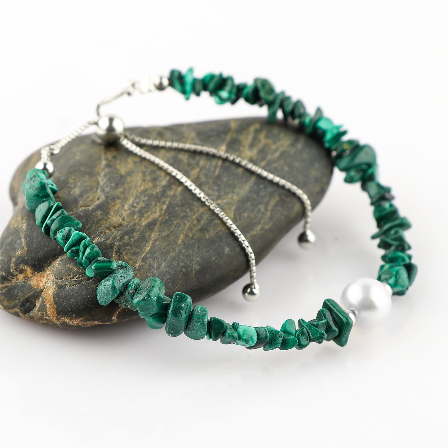 CRYSTALIS Natural Malachite Beads Slider Bolo Bracelet with Elegant Pearl, High Grade Nuggets Crystal, Chakra Healing Gemstone, Gift Giving Women Jewelry, 925 Sterling Silver Slider 10 inch