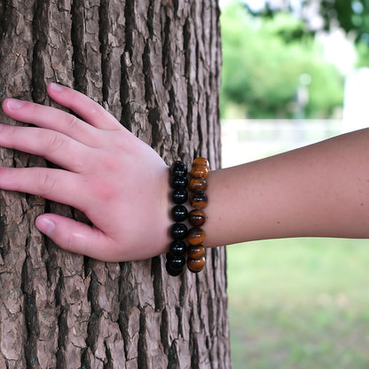 MTJAHPS Protection Bracelet, empath protection, black obsidian Crystals and Healing Stones Bracelet for Women ，Luck ，Anxiety and Stress Clam Bracelet (Obsidian + Tiger Eye（14mm)-2 Pcs
