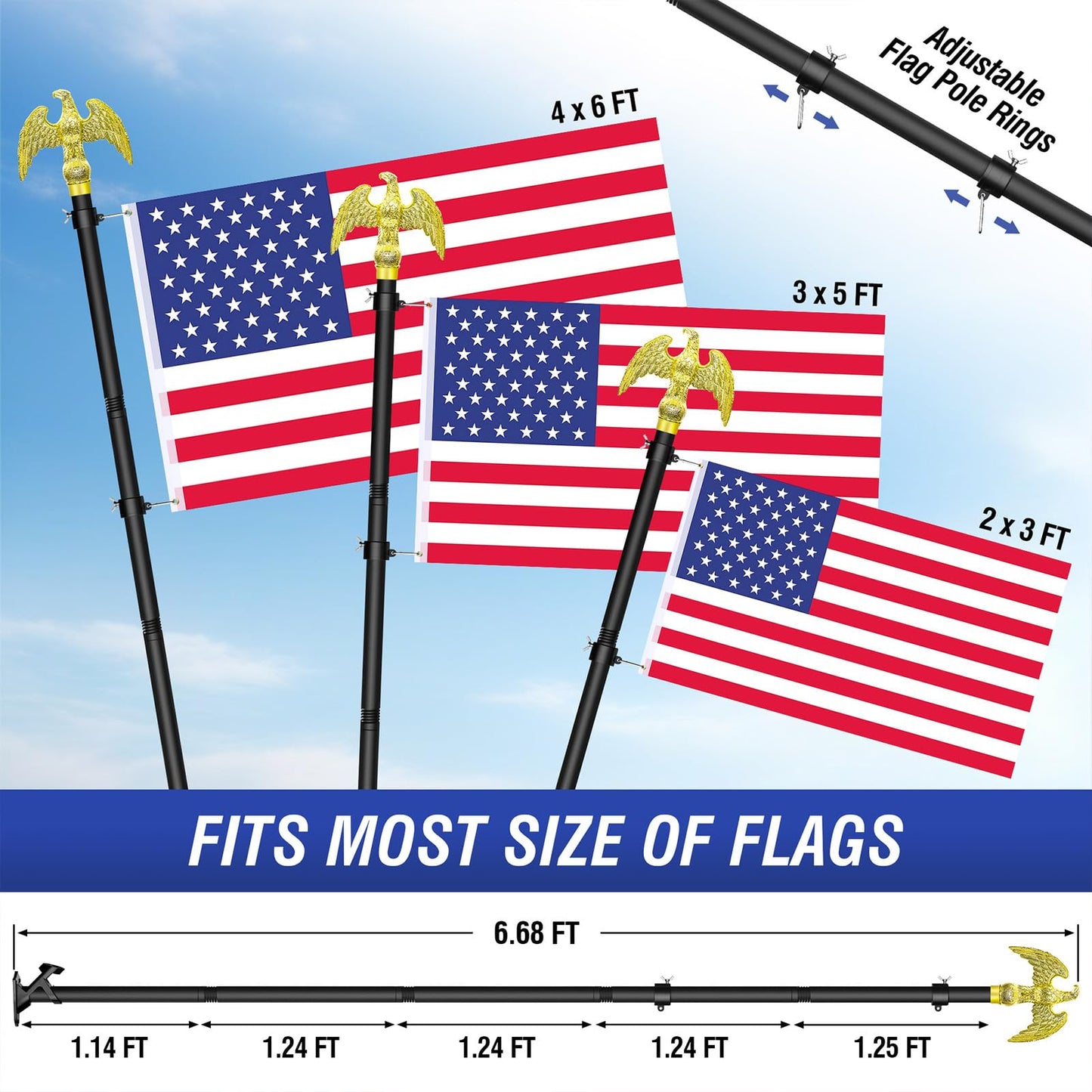 Flag Pole for Outside House, Outdoor Black Heavy Duty Porch 6 FT Flag Pole Kit, for Residential or Commerical, Tangle Free Flagpole (Include American 3 X 5 Flag, Wall Mount Holder, Eagle Shaped Head)