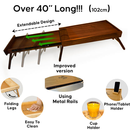 Shaka4Tommy Breakfast Bed Table Tray for Two - One Piece, Dual Use Couple Bed Tray with Cup recesses - Food Trays for Eating on Couch, Space Saving Breakfast Table - Gift Ready - Acacia Wood