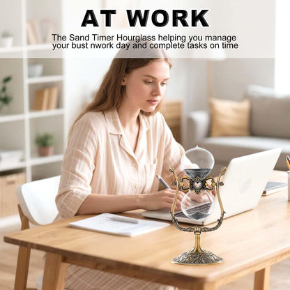 Vintage Engraving 30 Minute Hourglass, Rotating Sand Timer Clock, Unique Metal Sand Watch 30 Min, Antique Brass Hour Glass Sandglass for Home, Desk, Office(Black)