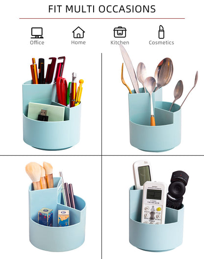 EDENMS Desk Pencil Pen Holder, 3-Slot 360 Spinning Desk Organizer, Cute Pencil Cup Pot for Office, School, Art Supply - Blue