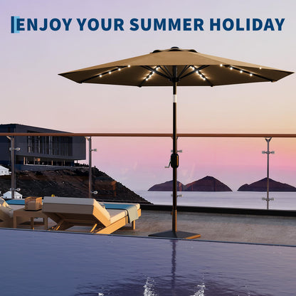 Garvee 10 FT Patio Umbrella with Solar Lights, Outdoor Table Umbrella with 8 Durable Ribs, Tilt & Crank Mechanism, Waterproof & UV Protection for Garden, Backyard, Poolside, Tan