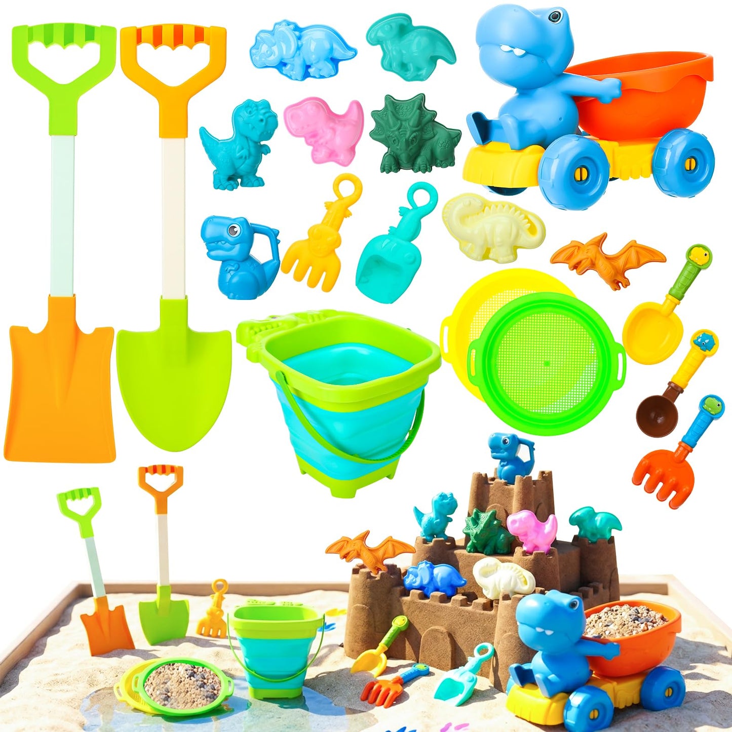 Guiqulai Beach Toys, Dinosaur Sand Toys Include Molds Foldable Bucket Mesh Storage Bag Shovels Dump Truck, Summer Sand Toys for Toddlers Kids